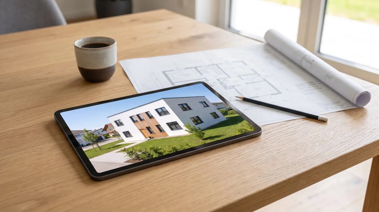 Tablet auf einem Besprechungstisch zeigt die Visualisierung neben dem gedruckten Plan