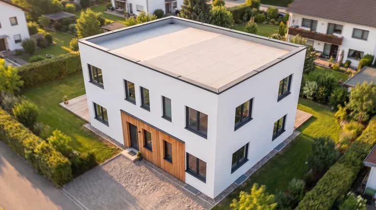 Kinematische Luftaufnahme des Hauses mit Bewegungsunschärfe am Bildrand