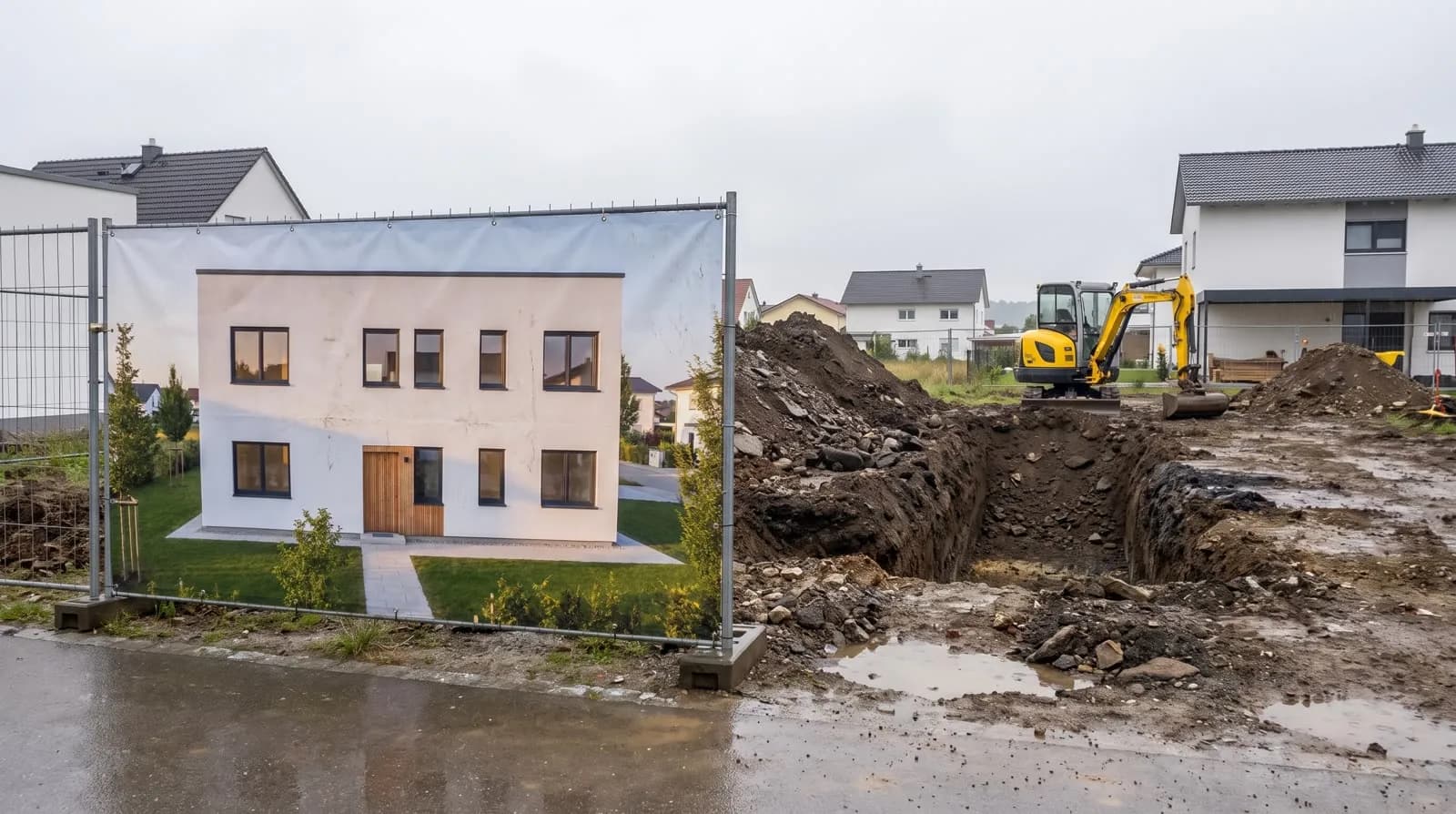 Bauzaunbanner mit der Visualisierung vor einer Baugrube