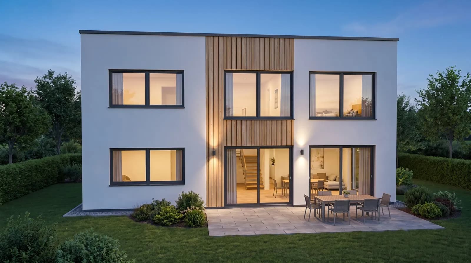 Gartenseite des Hauses zur blauen Stunde mit warmem Licht in den Räumen