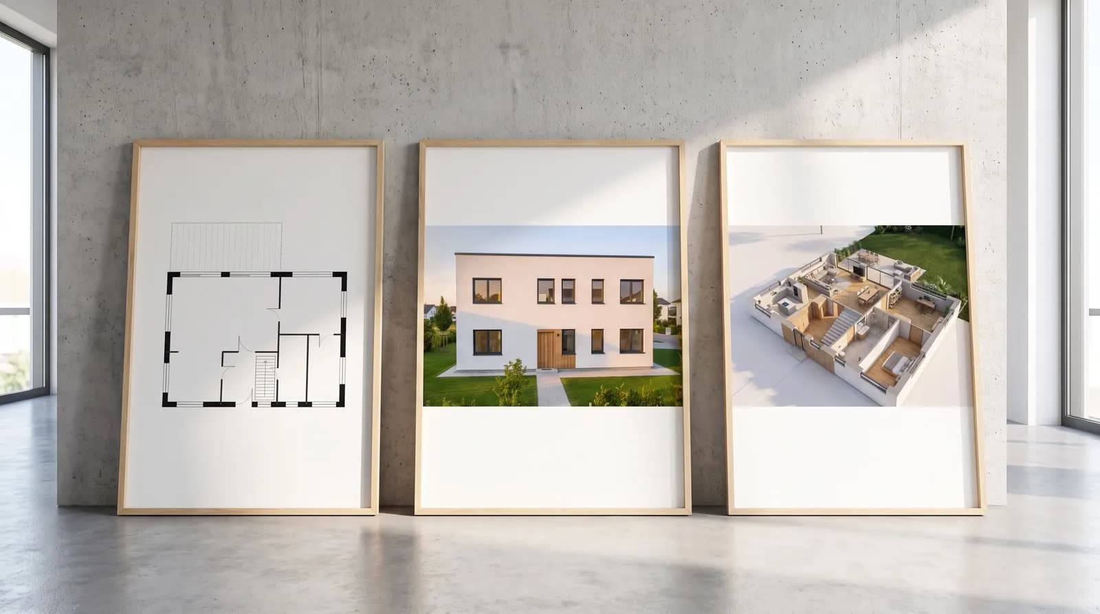 Drei Präsentationstafeln mit Grundriss und zwei Visualisierungen in einem Juryraum