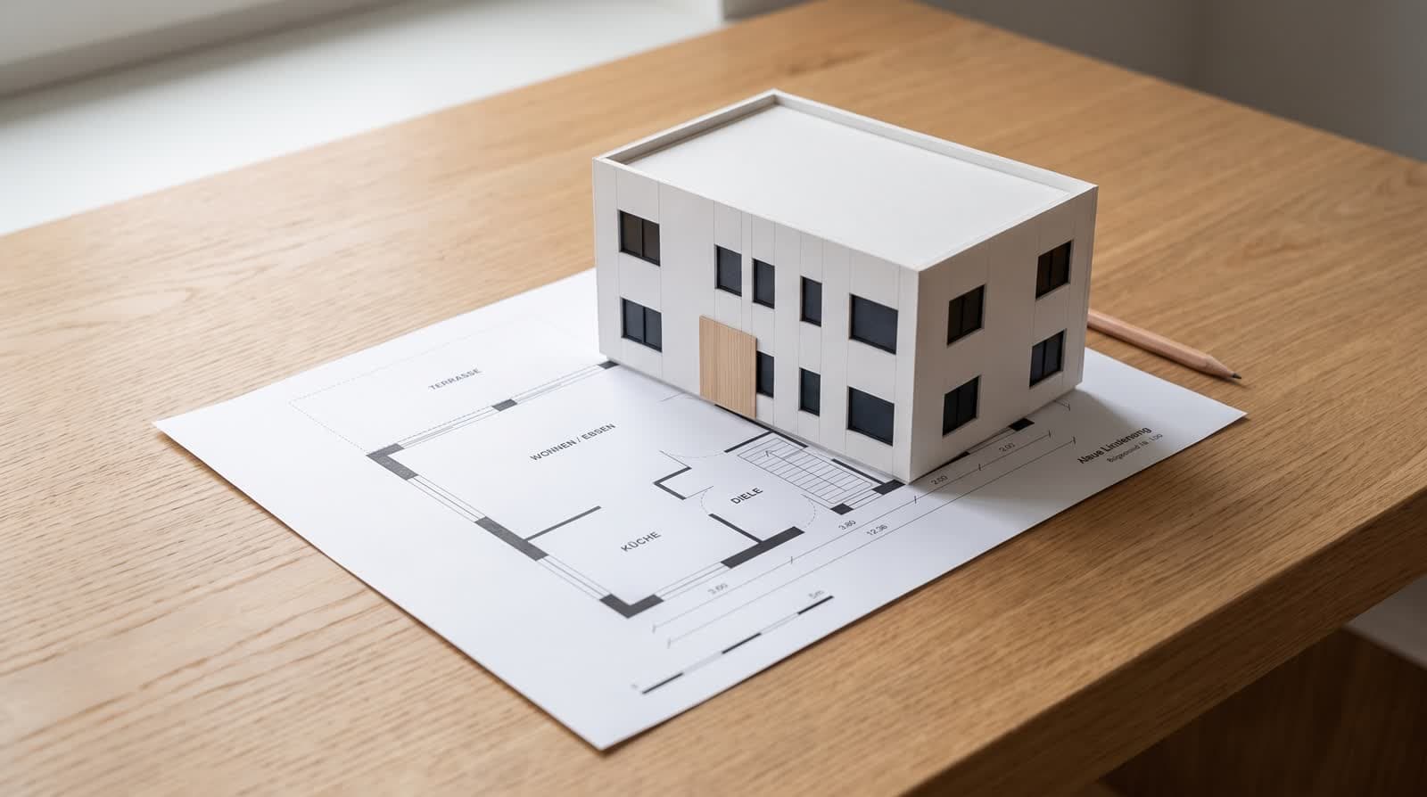 Gedruckter Grundriss auf einem Schreibtisch, darauf ein weißes Studienmodell desselben Hauses