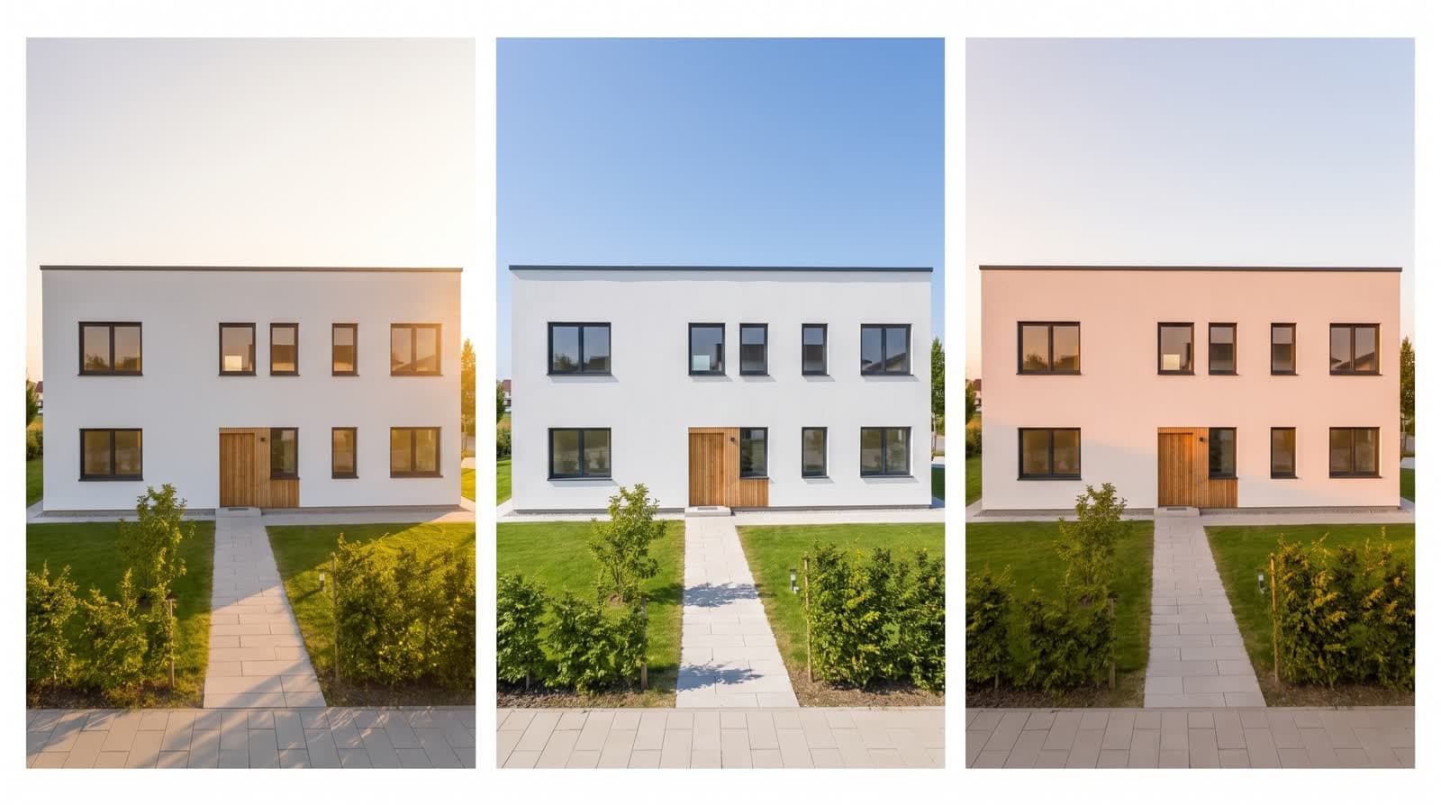 Dasselbe Haus dreimal nebeneinander: Morgenlicht, Mittagslicht und Nachmittagslicht mit unterschiedlichen Schatten