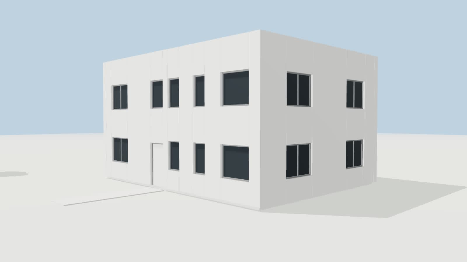 Untextured grey 3D model of the house seen from the corner