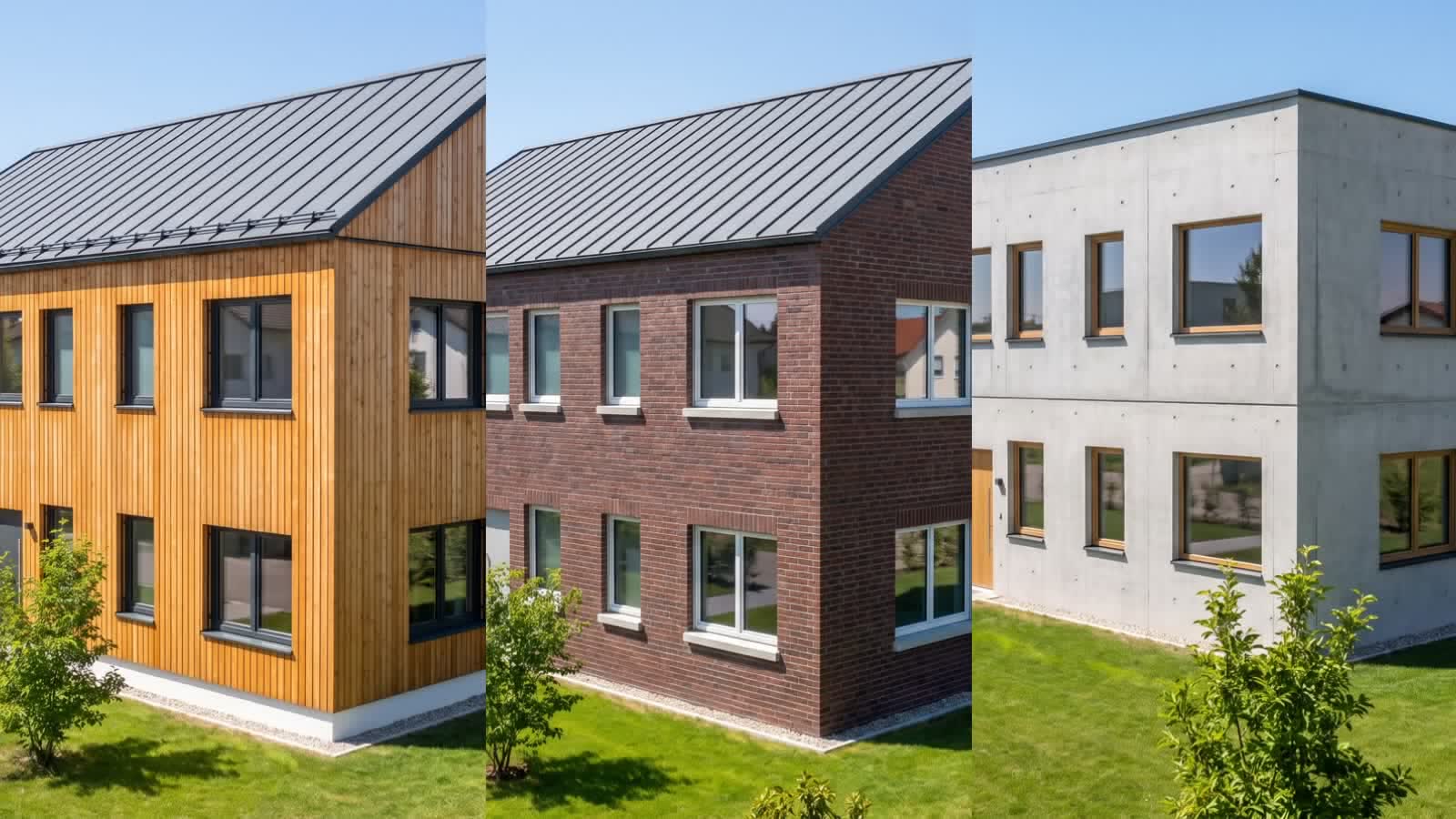 Three facade variants of the same house side by side: larch, brick, concrete